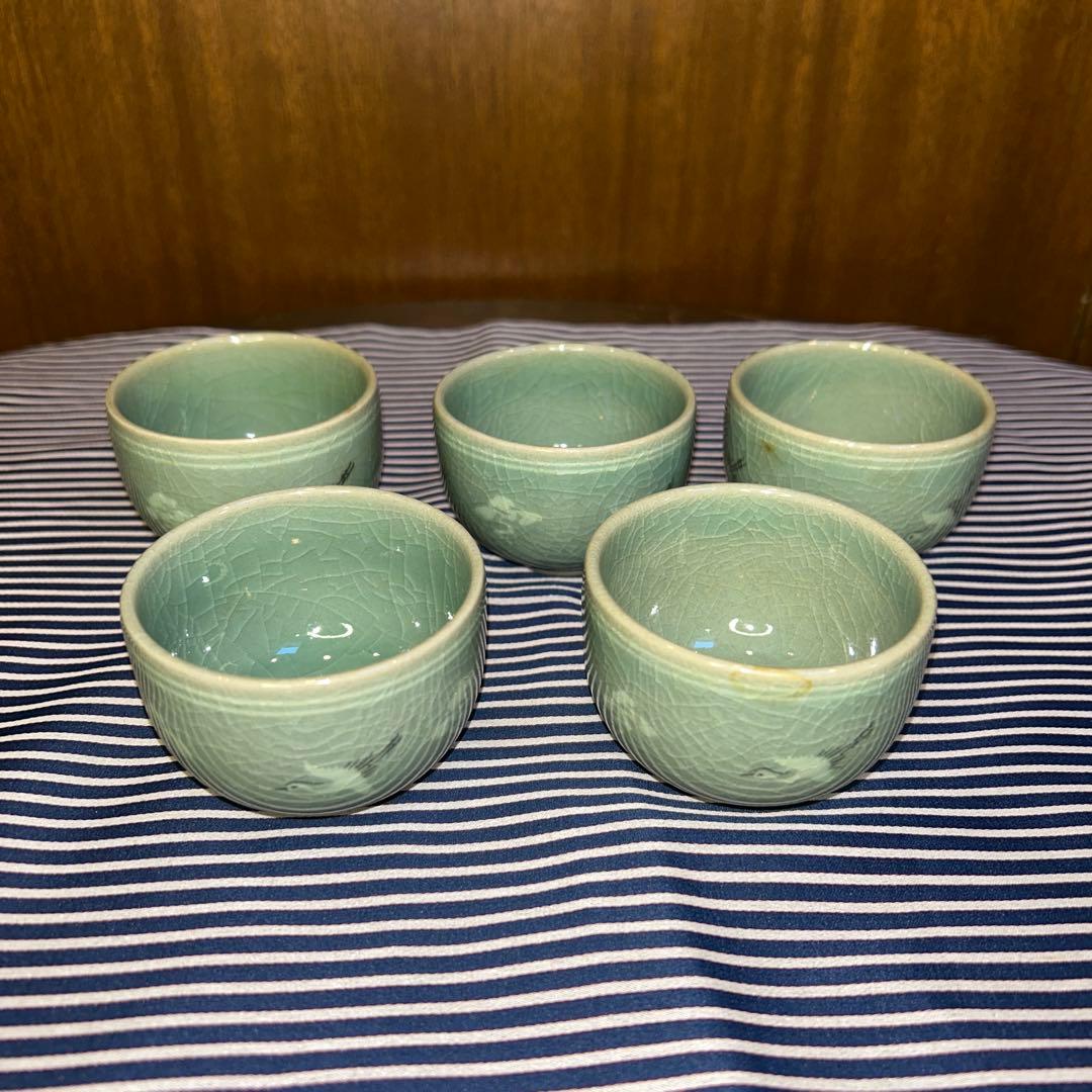 高麗青磁 韓国人間国宝 柳海剛 曇鶴文 煎茶茶碗（ 湯呑）5客 共箱・栞付き