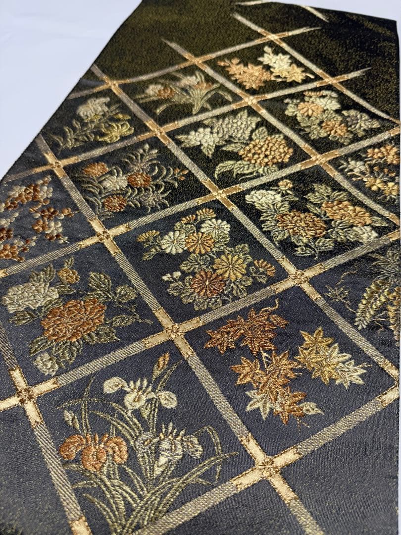 本草木柿渋染 伝統工芸士福本久人 袋帯 六通柄 正絹 花唐草 未使用 イ6371