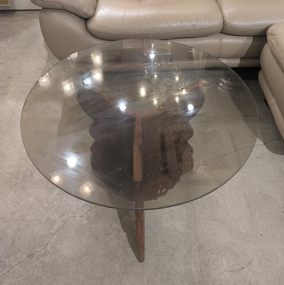 専用ページ 木彫りガラス テーブル 彫刻 天板ガラス 丸テーブル サイド