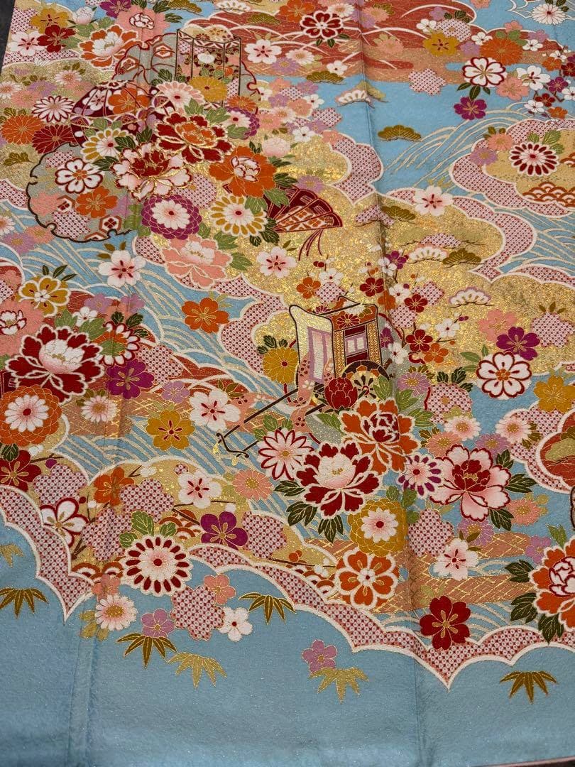 正絹金駒刺繍銀通し貝桶に御所車模様振袖水色古典柄正統派がお好みの方に