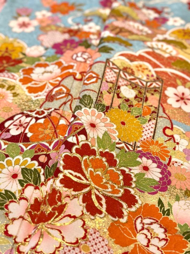 正絹金駒刺繍銀通し貝桶に御所車模様振袖水色古典柄正統派がお好みの方に