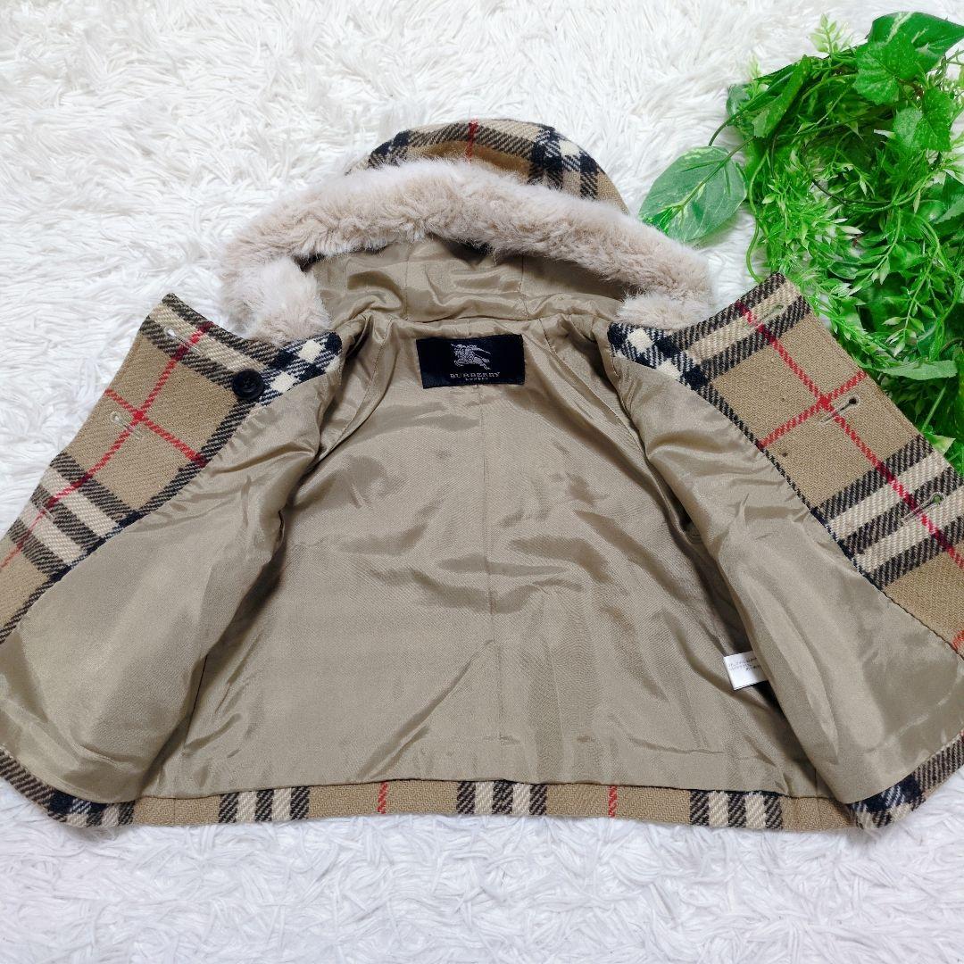 ■希少美品■バーバリー キッズ ピーコート ダブル ノバチェック ファー フード