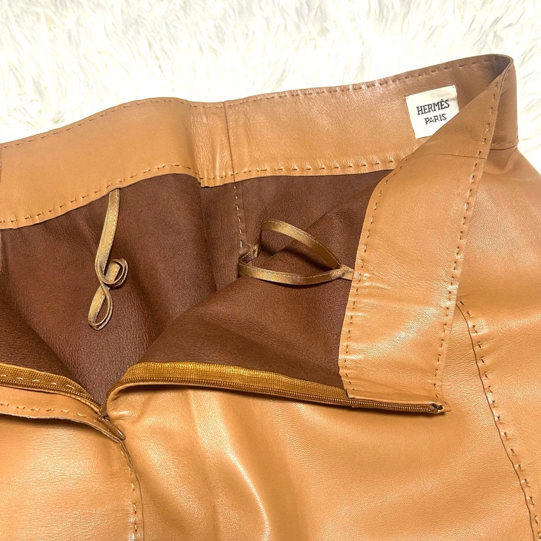 美品　エルメス　スカート　42(XL相当) ブラウン系 牛革　レザー