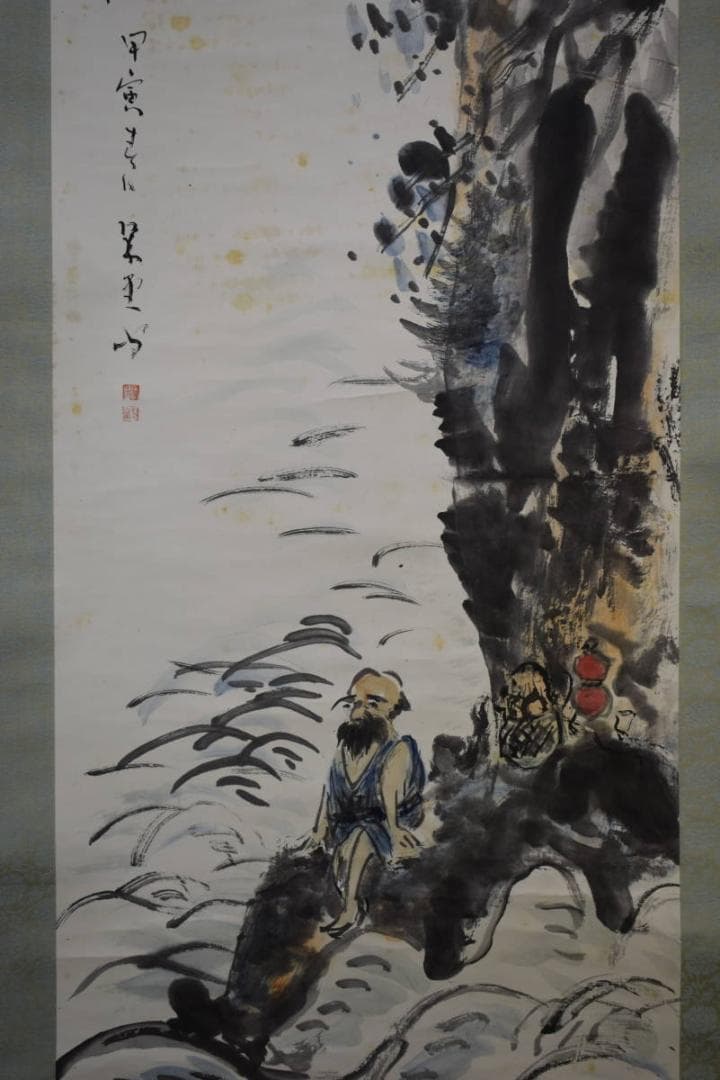 真作/翠堂/岩壁人物図/布袋屋掛軸HF-515