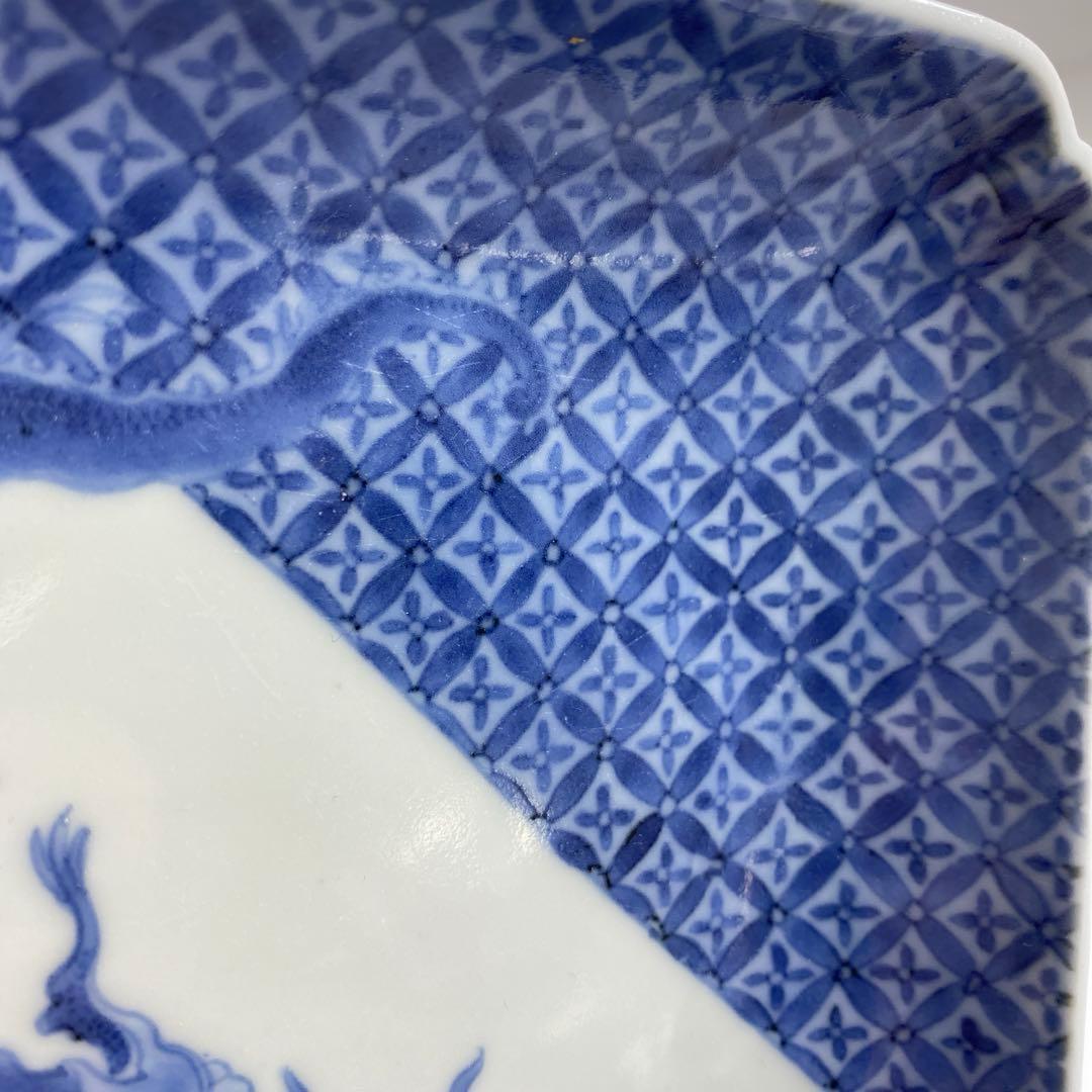 江戸中期 藍柿右衛門 龍図角皿 幅12.5㎝ タエチ 東な7-0215☆2F江戸