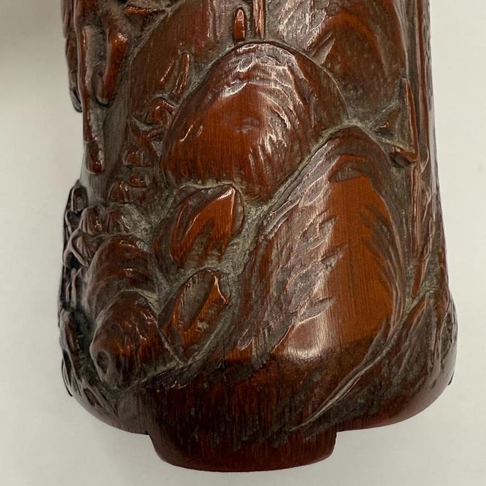 竹】 ☆ 竹木 唐竹彫送別図筆筒 ☆ 清朝期 松樹 人物 彫刻文様