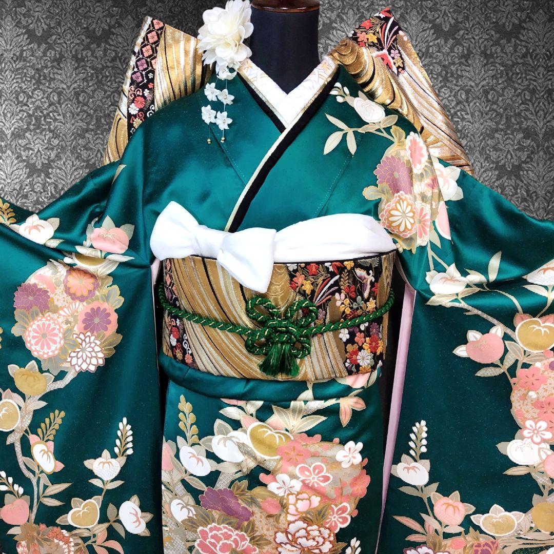 振袖フルセット(8点)・金駒刺繍・銀通し・金彩加工・鹿の子柄・正絹