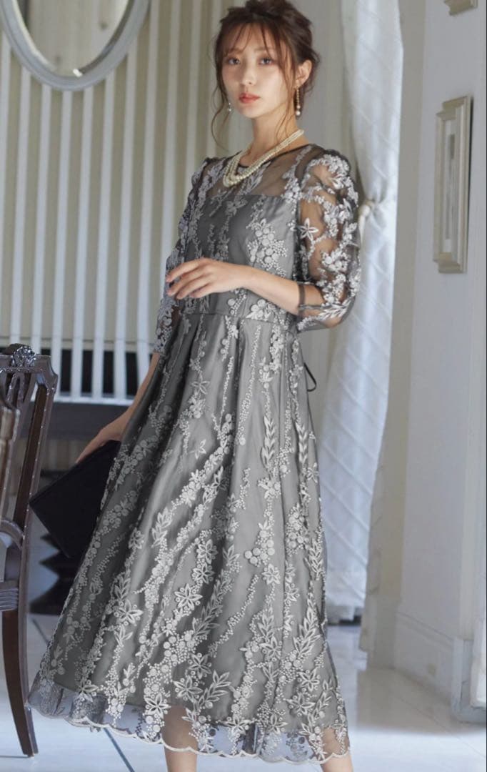 ハレモード　haremode 刺繡レース バックリボン パーティードレス