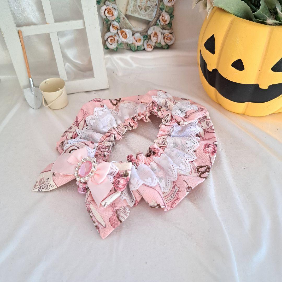 幅広シュシュ(ピンク③)わんちゃん猫ちゃん用 パープルフラワー、幅広