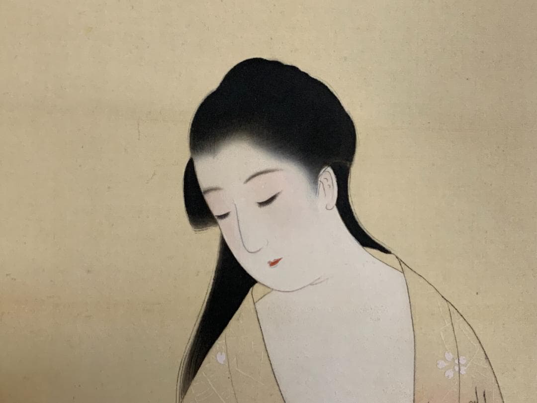 一清 浮世絵美人と仔猫図 絹本 肉筆 掛軸 美人画 839