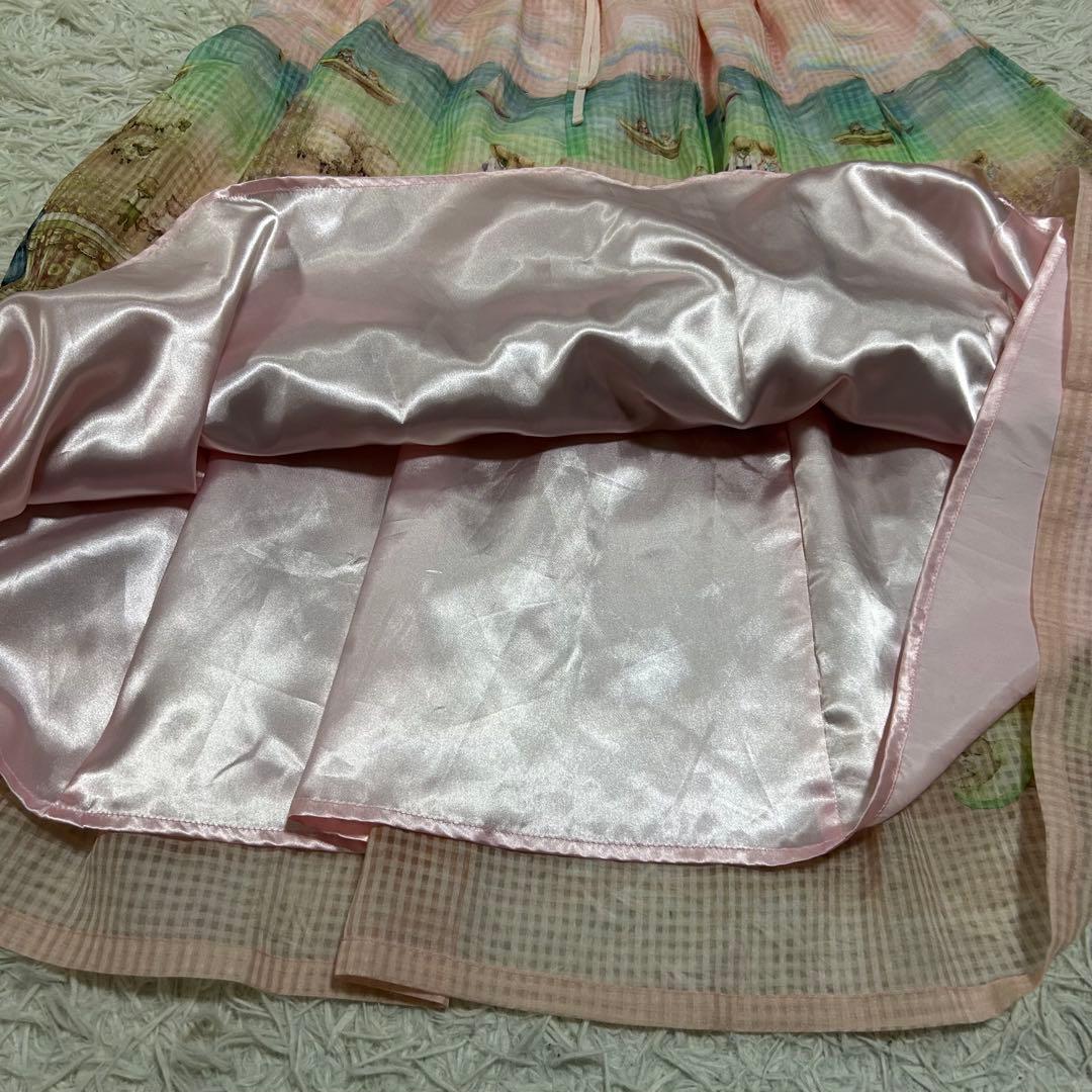 13954✨yukiemon 転写 犬 ビーチ チュール フレアスカート ピンク