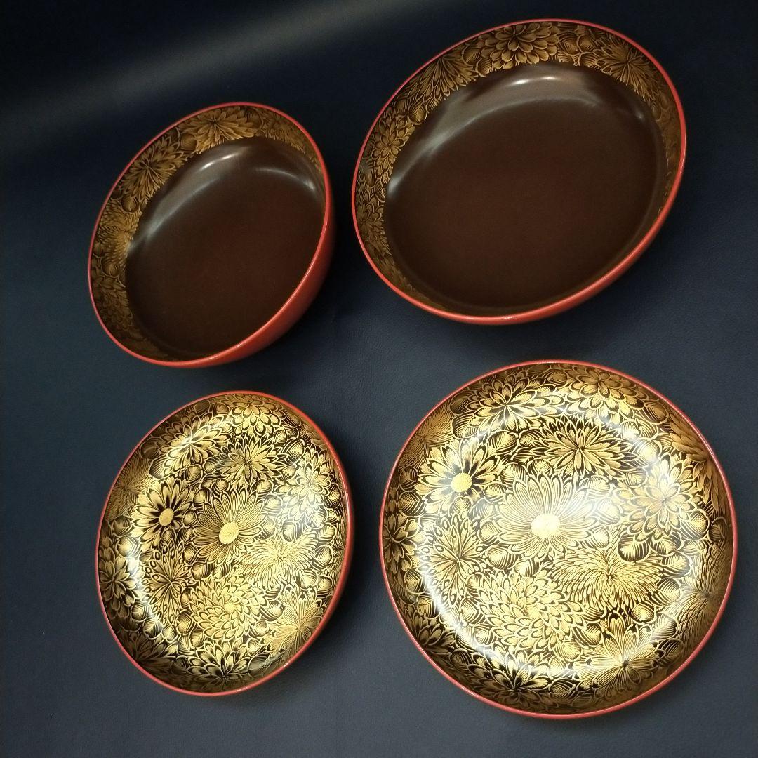 朱漆塗 見返し 総沈金 菊花紋詰 蓋付き 菓子椀 吸物椀 懐石椀 3客