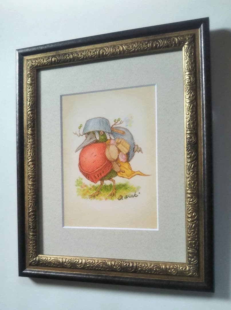 【原画】『冒険の旅へ』（鳥の絵　ガラクタ　アンティーク　森林　パステル画）