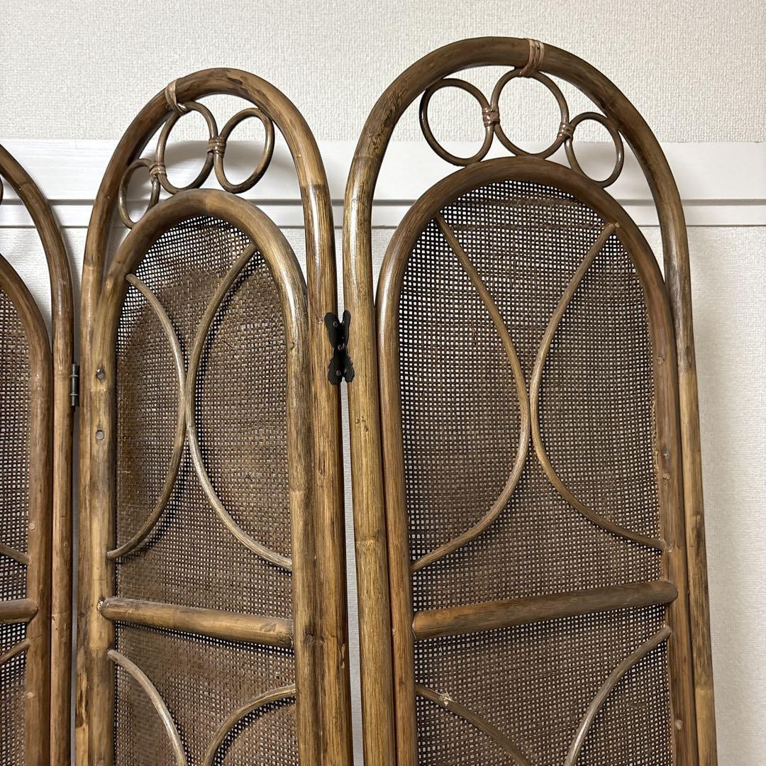 昭和レトロ 籐 ラタン 4連 パーテーション 間仕切り 衝立 エスニック