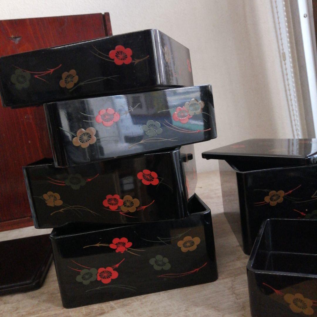 骨董 弁当箱 漆器 木製 重箱 木箱 お盆 セット 松葉に梅