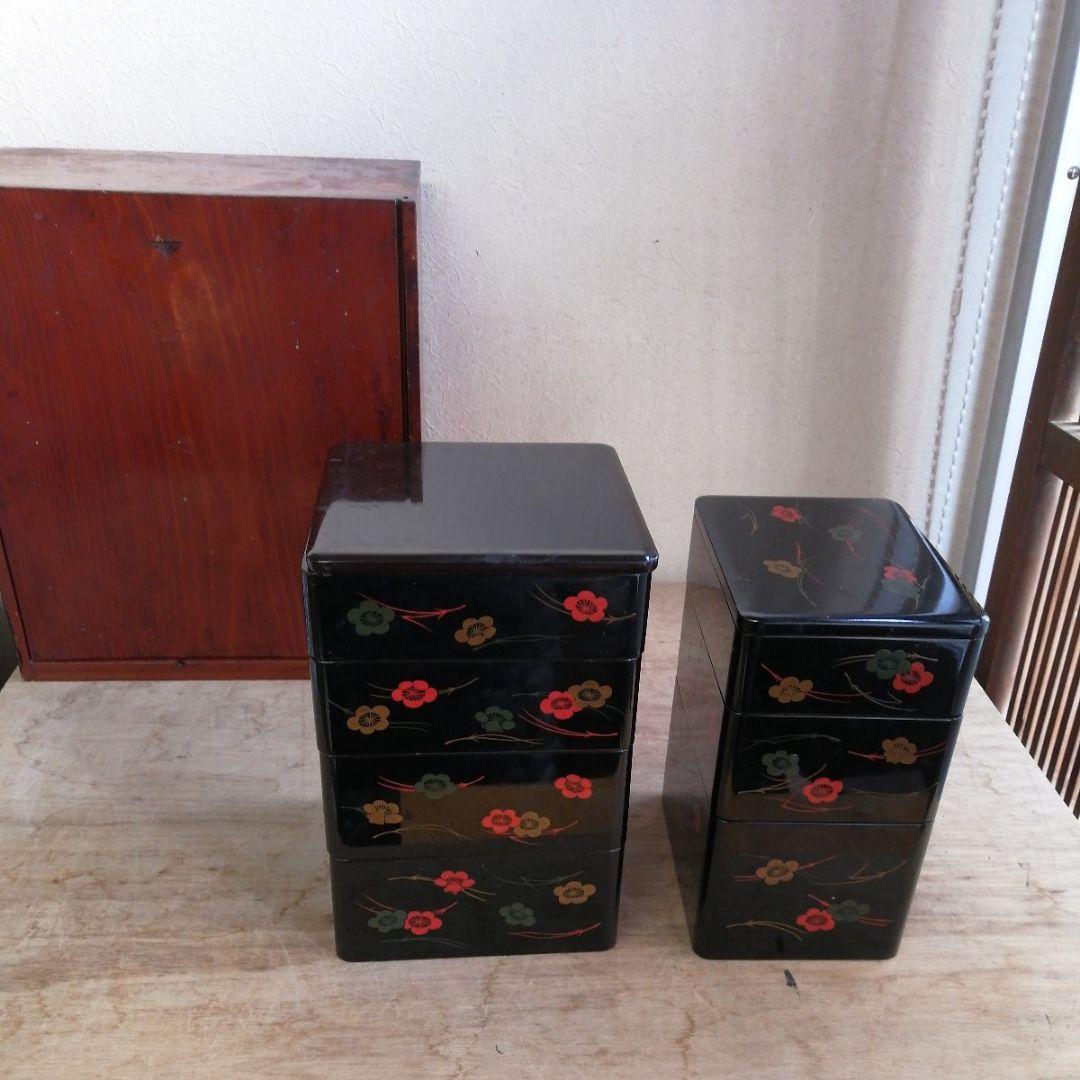 骨董 弁当箱 漆器 木製 重箱 木箱 お盆 セット 松葉に梅