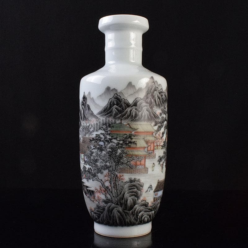 中国　居仁堂製款　山水人物文　盤口瓶　V　R9257