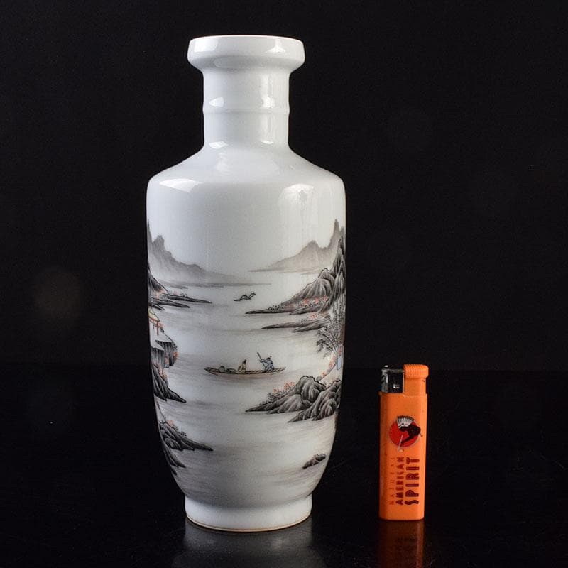 中国　居仁堂製款　山水人物文　盤口瓶　V　R9257