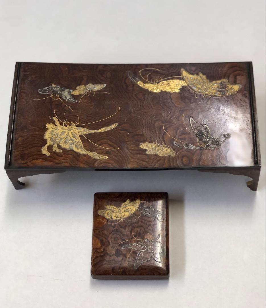 大名雛道具 金銀蒔絵 蝶図柄 長机.小鉢 木製 漆器 骨董品 揚羽蝶図柄