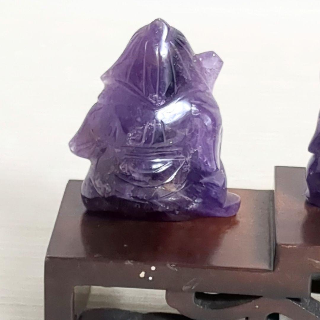 縁起物 紫水晶 アメジスト 七福神 置物 木製台座 天然水晶 七福神 木製