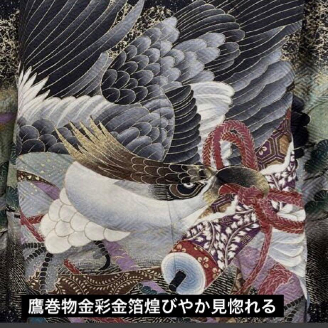 七五三 五歳‼️正絹豪華絢爛黒地金箔ラメキラキラ鷹巻物金彩‼️完全フルセット 揃える