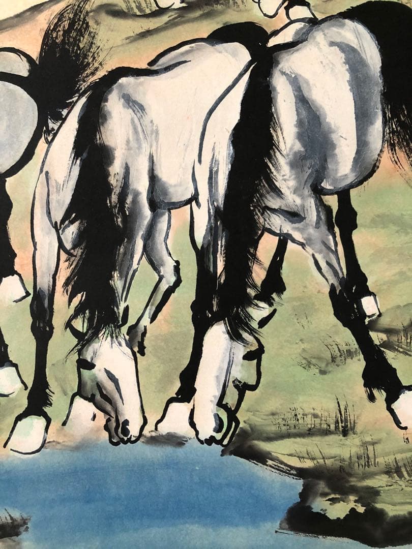 徐悲鸿 馬図 掛け軸 四尺 手描き 中国美術 絵画 書画 馬 人物画 インテリア
