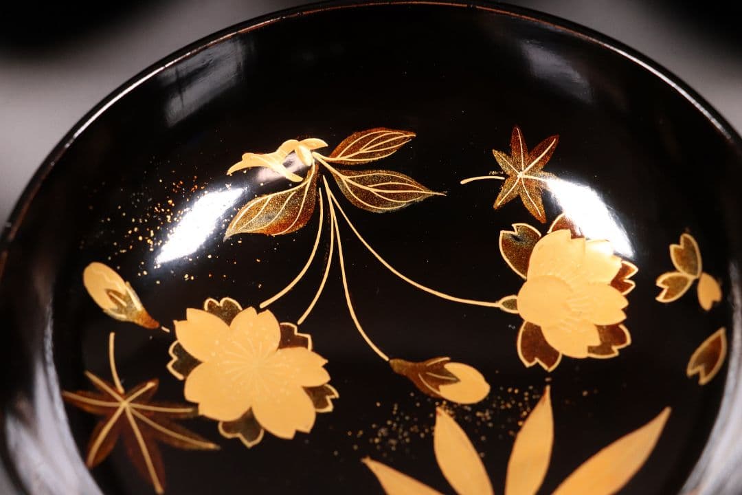 時代木製漆器 桜紅葉 黒蒔絵椀 五客 金蒔絵 梨地 漆芸【CL61】