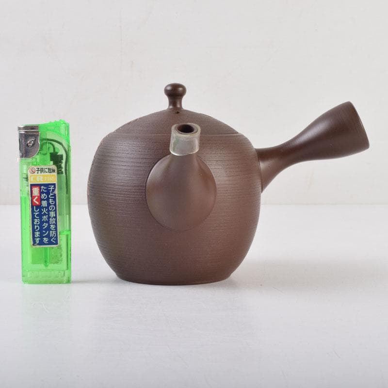 煎茶道具 常滑焼 光松作 朱泥 花草刻 横手急須 V 8655