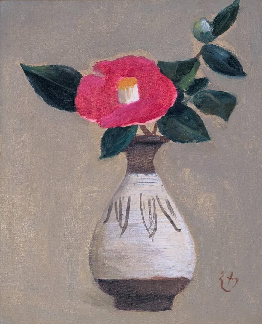 真作】絵画 内堀勉 油彩3号 椿 素朴な静物アート 落ち着きある花の絵