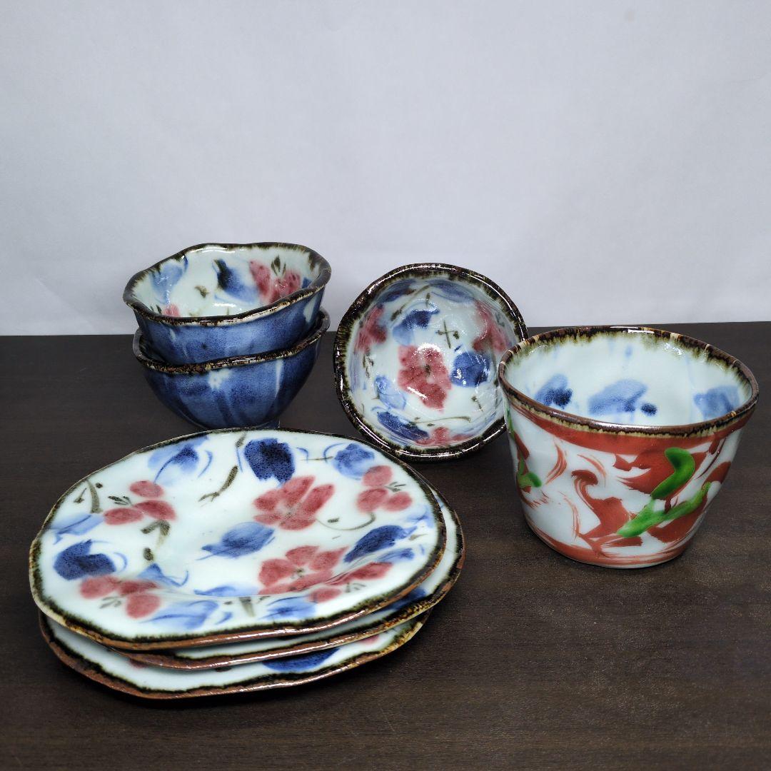 斉山窯 太田恵 作 色絵 花文 食器セット(湯呑三客・皿三客・フリーカップ)