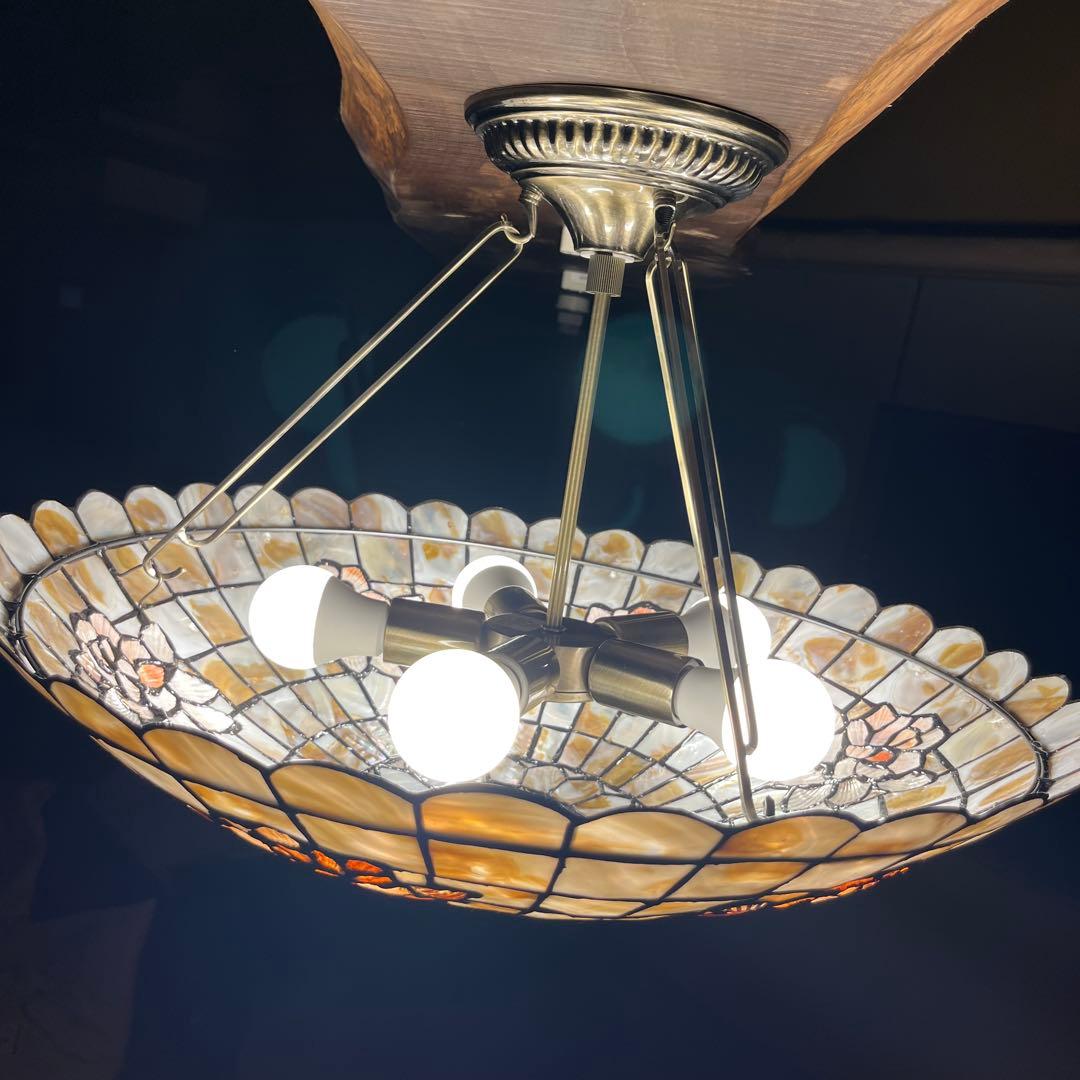 瀧住照明製】ステンドグラス風シャンデリア 5灯式 天井直付け 花柄