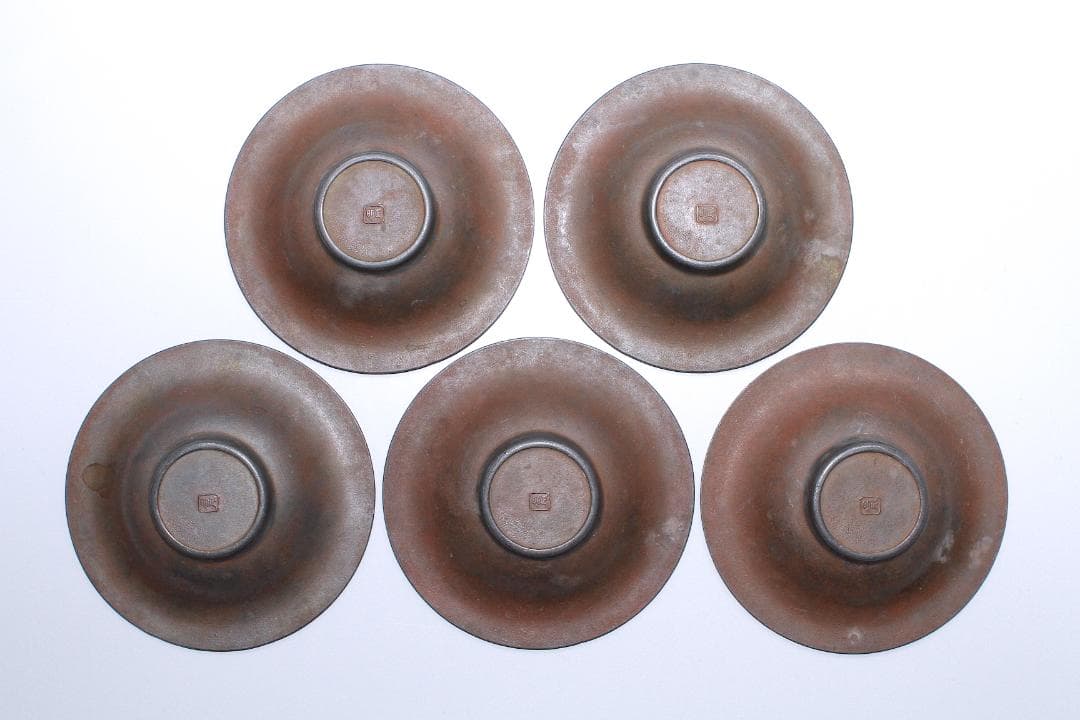 明治金工『正明』銅鍍金 錫茶托 五客揃 [朝顔と蜂図]