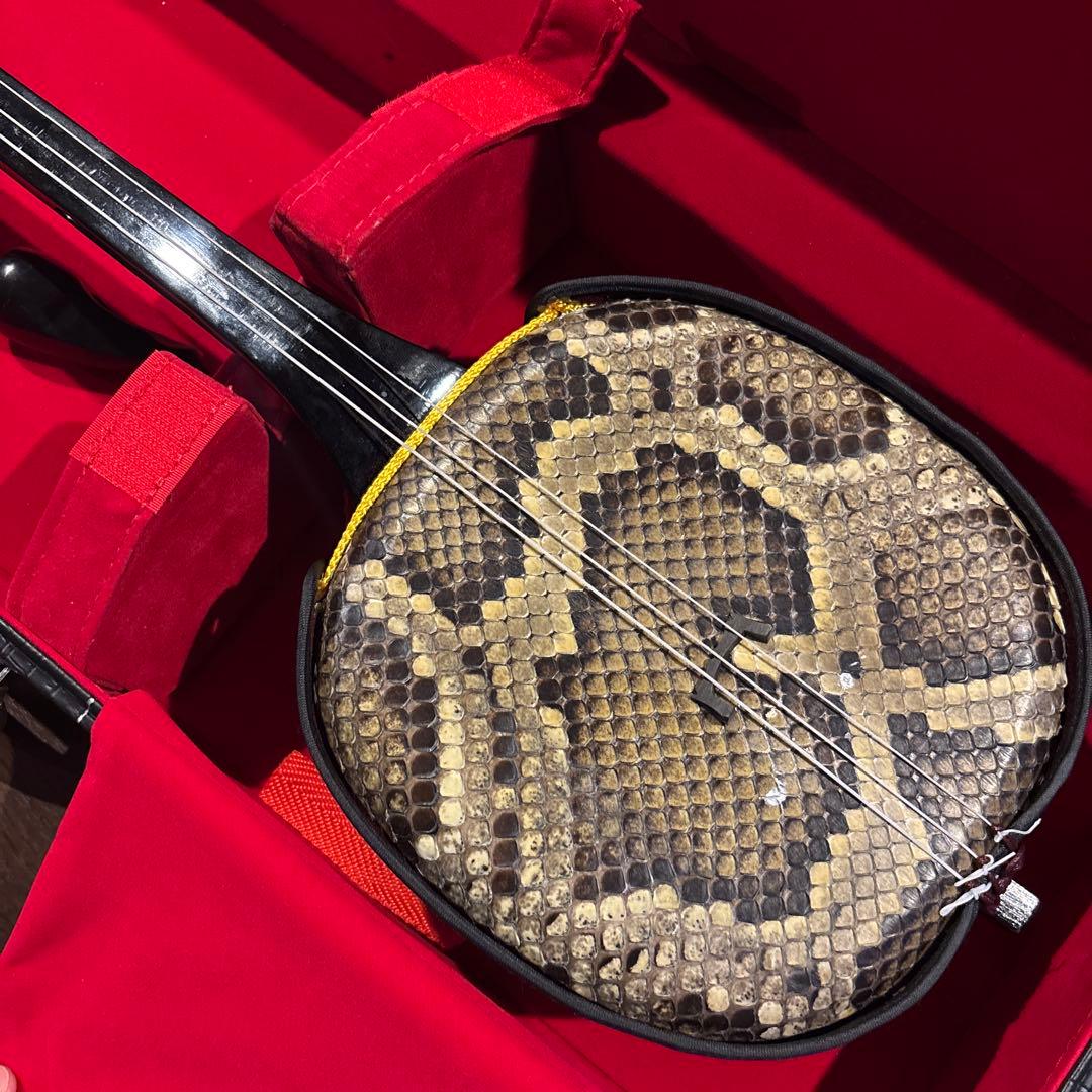 三線 本革 沖縄三味線 ハードケース、バチ付き