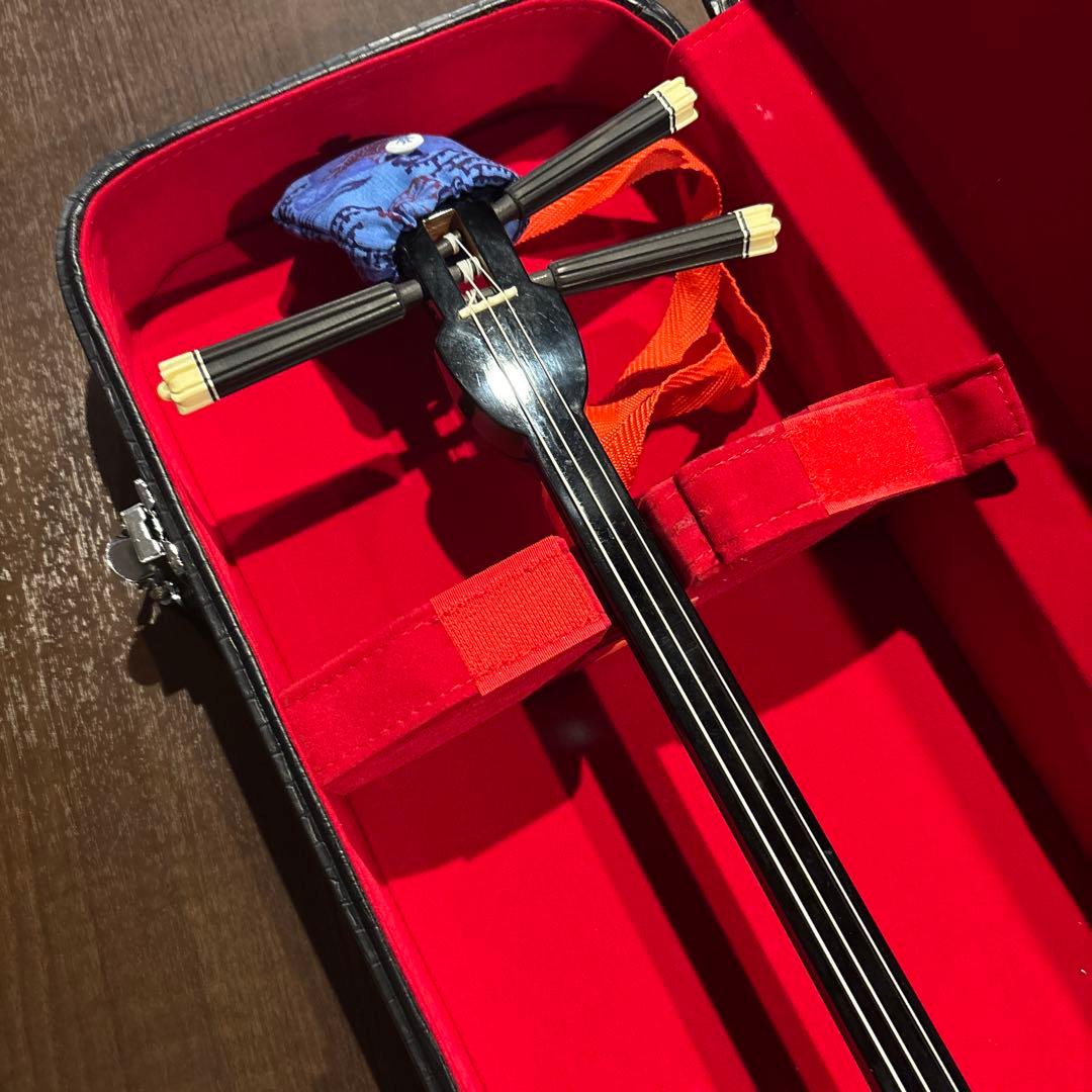 三線 本革 沖縄三味線 ハードケース、バチ付き