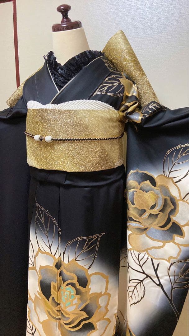 振袖フルセット黒金花柄振袖振袖6点セット袋帯成人式