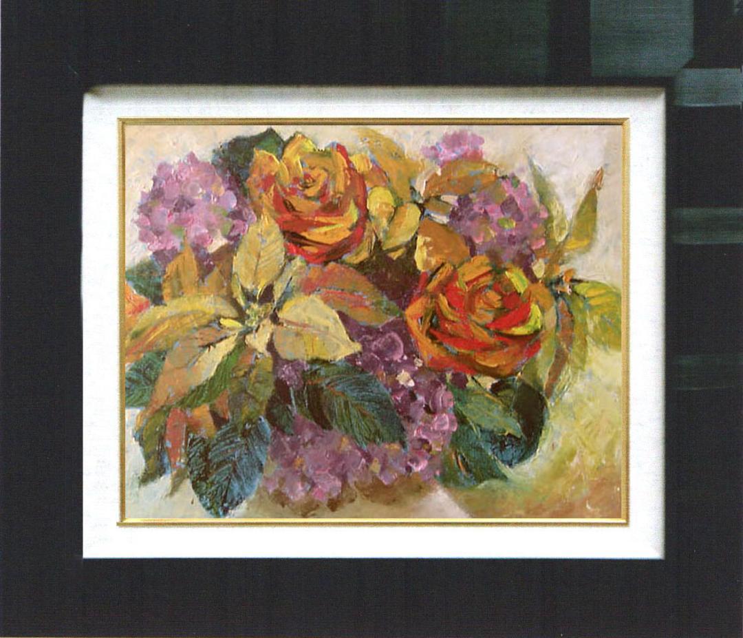 油絵 菅家令子 絵 絵画 インテリア 額付 (白）uF6-110202　花