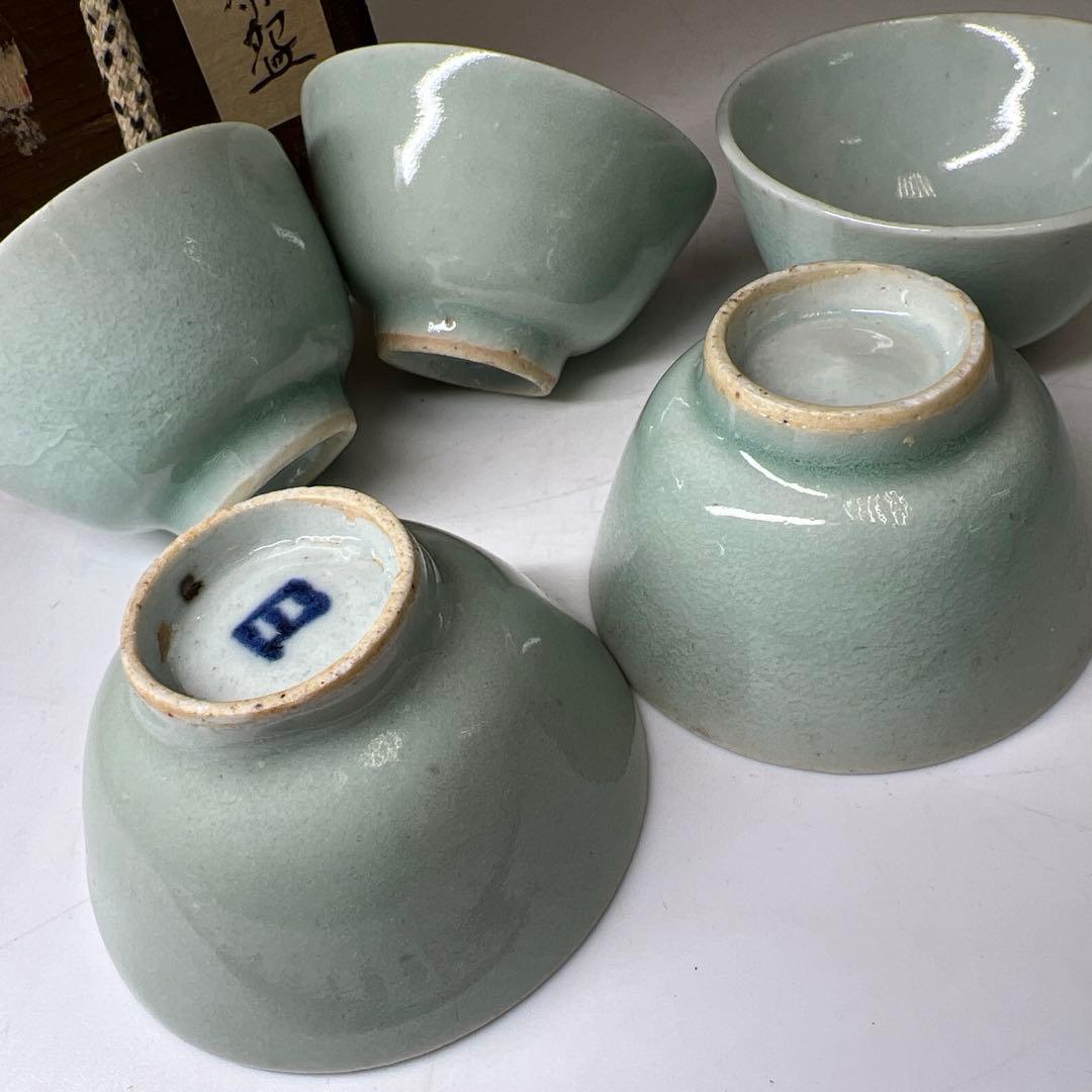 中国清朝時代 青磁煎茶碗5客 木箱付 口径約6.8㎝ 東Y8-0203①トヒカ