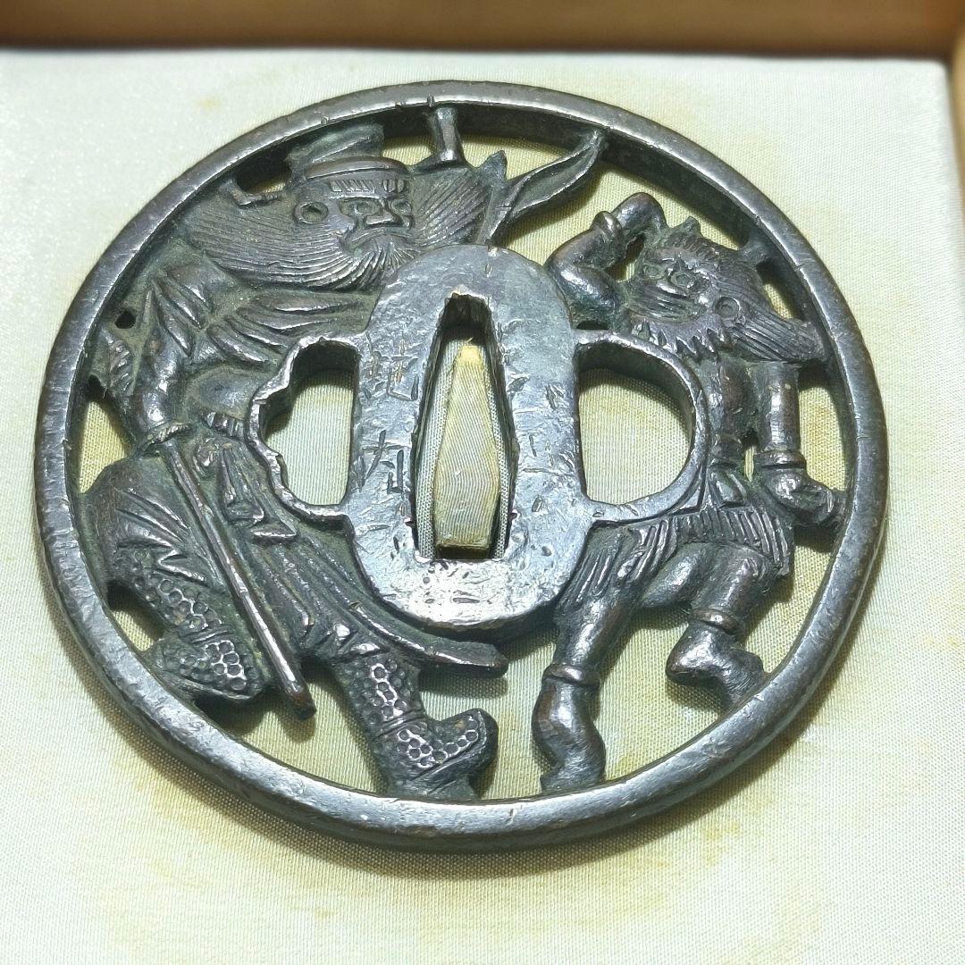 刀剣美術 日本刀鍔 南蛮透かす銅地鐔 鐘馗の図 記内作 江戸骨董 蒐集家放出美品