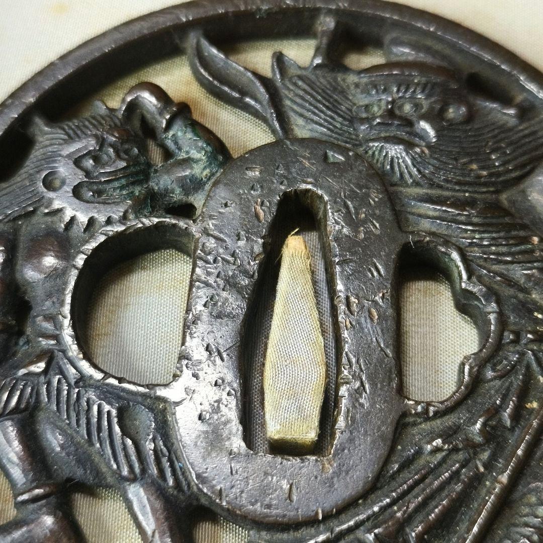 刀剣美術 日本刀鍔 南蛮透かす銅地鐔 鐘馗の図 記内作 江戸骨董 蒐集家放出美品
