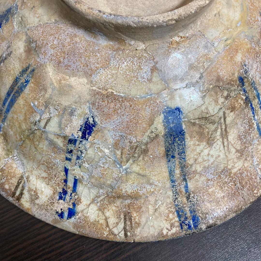 発掘品】古代ペルシャ「白地藍黒彩鱗文鉢」12~13世紀 イスラム