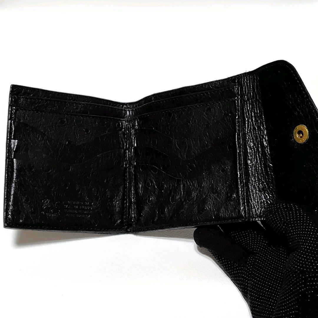 希少 イルビゾンテ 折り財布 黒 革 がま口 オーストリッチ 型押し 金ボタン