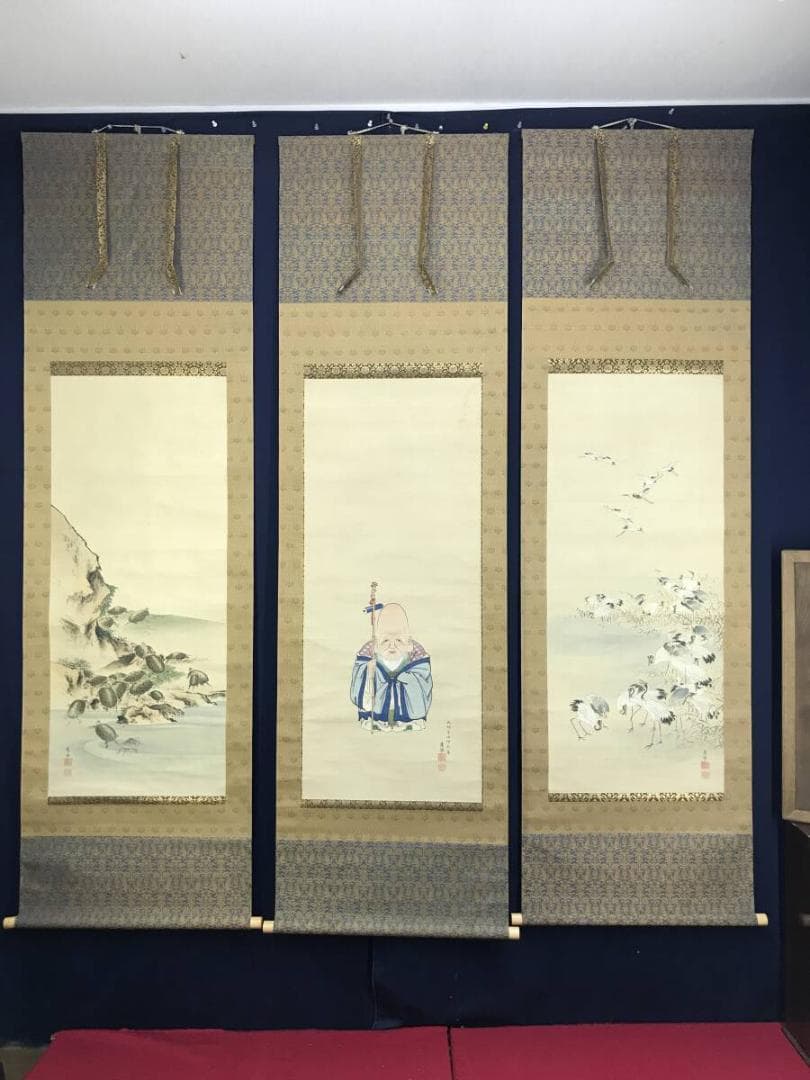 模写】圓山応挙/円山応挙/寿老人/鶴亀/三幅対/掛軸☆宝船☆AH-641