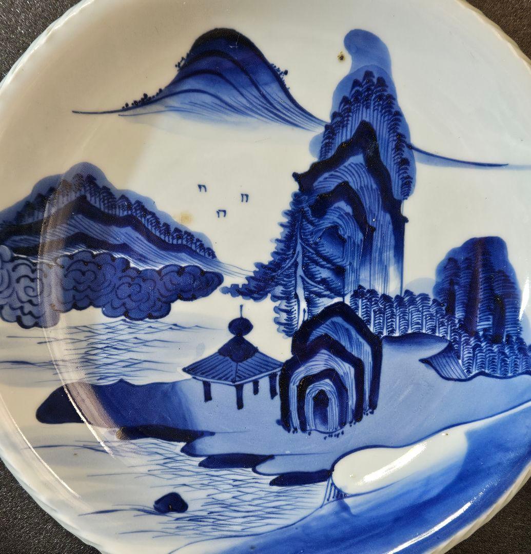 明治時代 古伊万里 染付 楼閣山水図 口縁 縄目造 径25.7cm深皿 厚