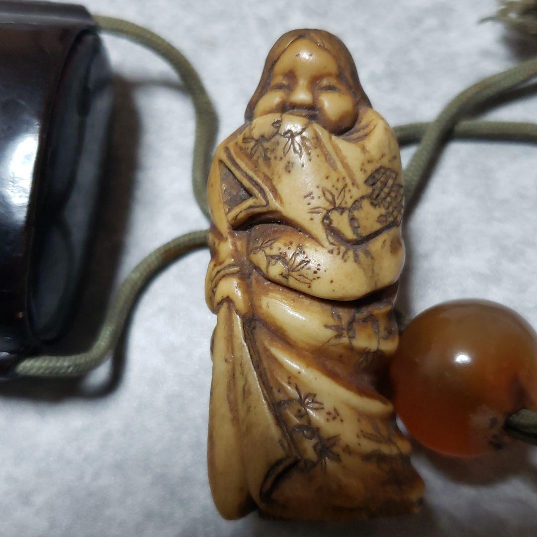 根付 印籠 玉 3点セット 根付 おたふく（幸福、幸運、長寿の象徴