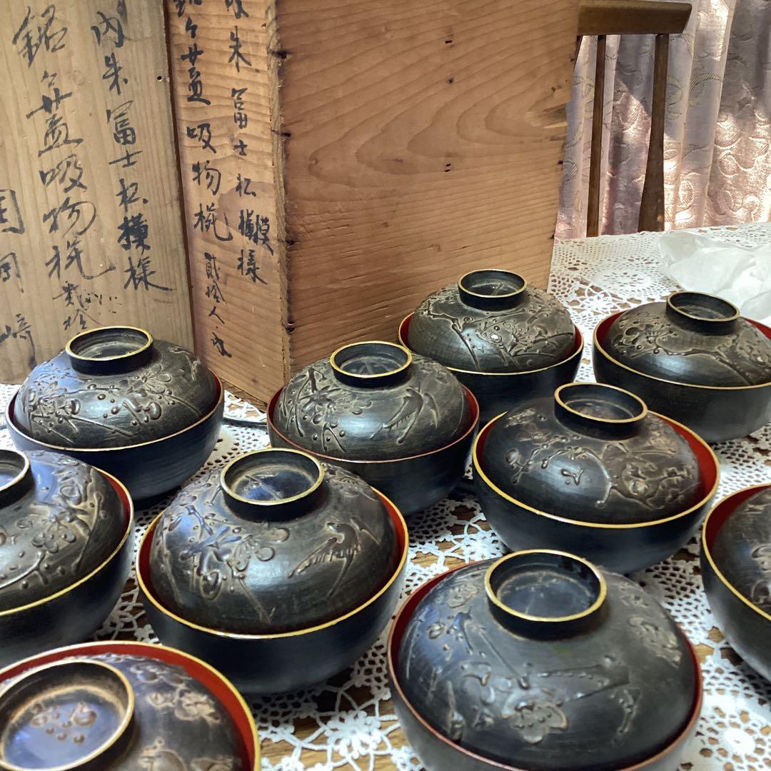 k2f1 銘々蓋吸物椀10客 漆器 富士山デザイン