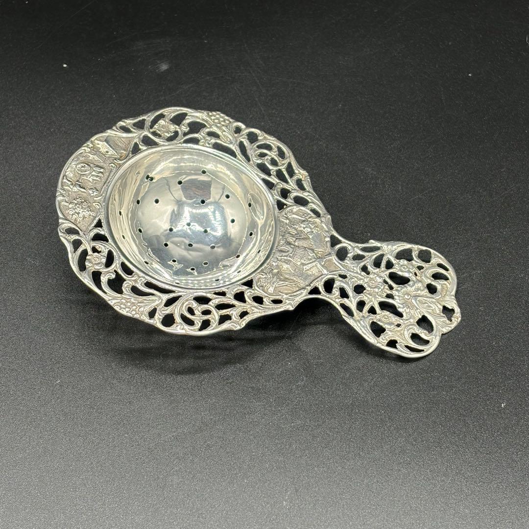 デンマークアンティーク・透かし花柄と風車のティーストレナー・純銀プレート 英国アンティーク銀器【純銀1907年＆シルバープレート】ティー