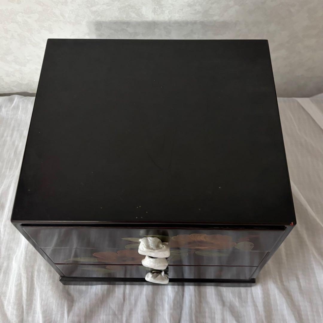 会津漆塗 三ッ引タンス 溜山茶花 ミニ箪笥 木製 昭和レトロ 溜塗 新品