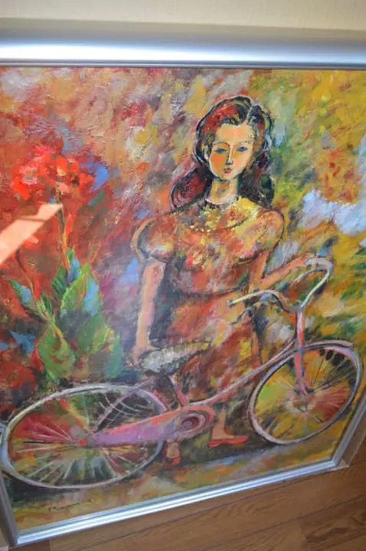 井上和久油彩画 自転車と少女
