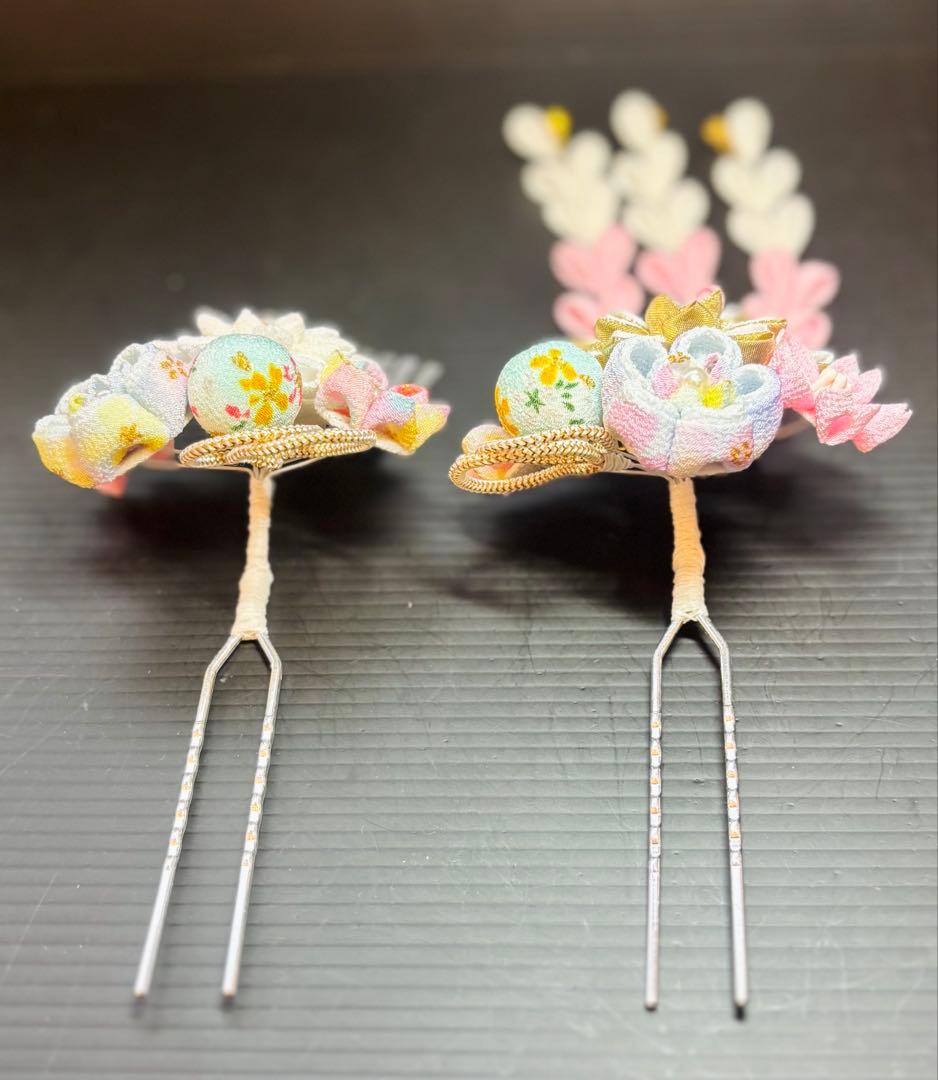 七五三髪飾りセット つまみ細工 パステルカラー 白色×桜色 7-32
