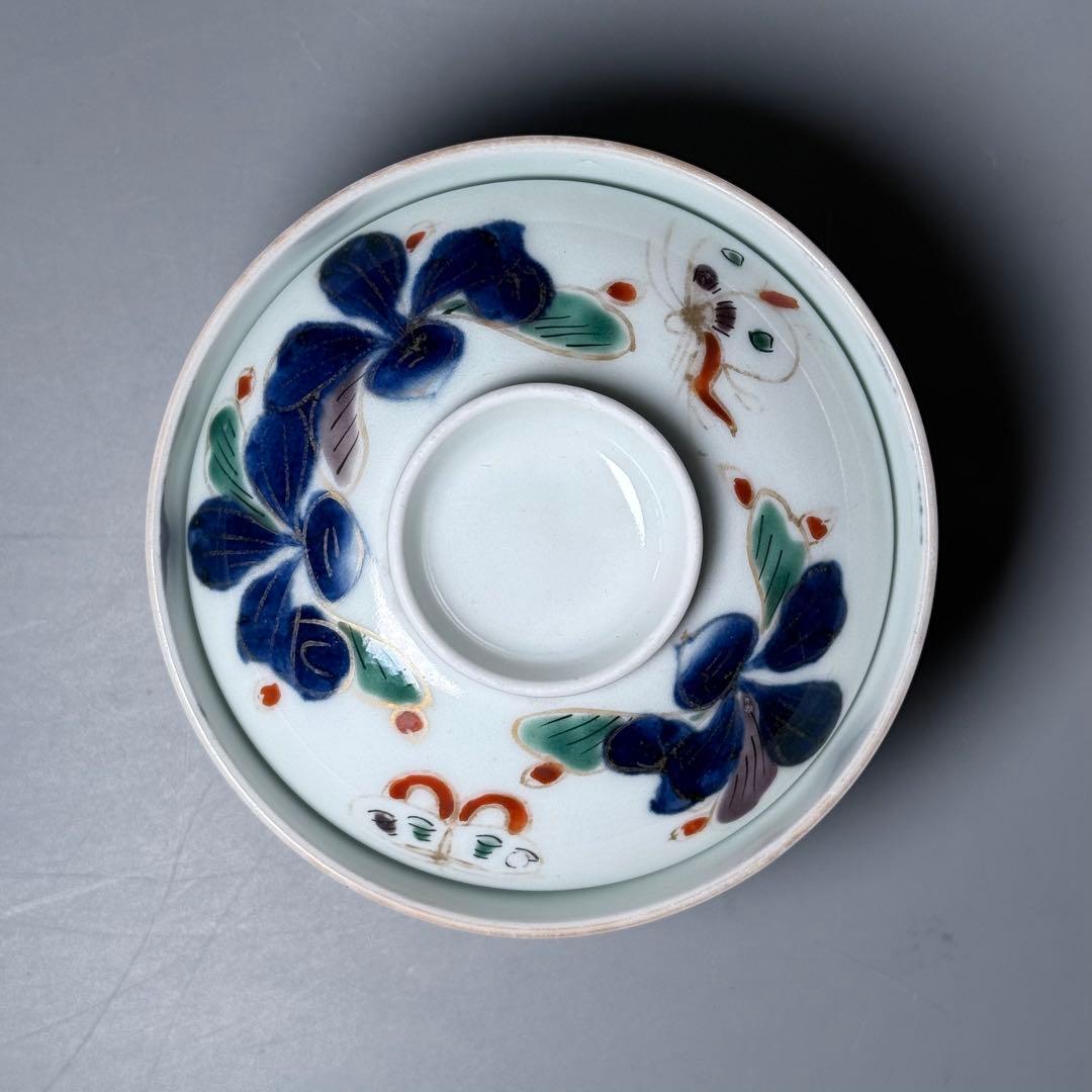 幕末〜明治時代 染錦かぶ文様蓋物 五客 蝶 可愛らしい器 料理屋